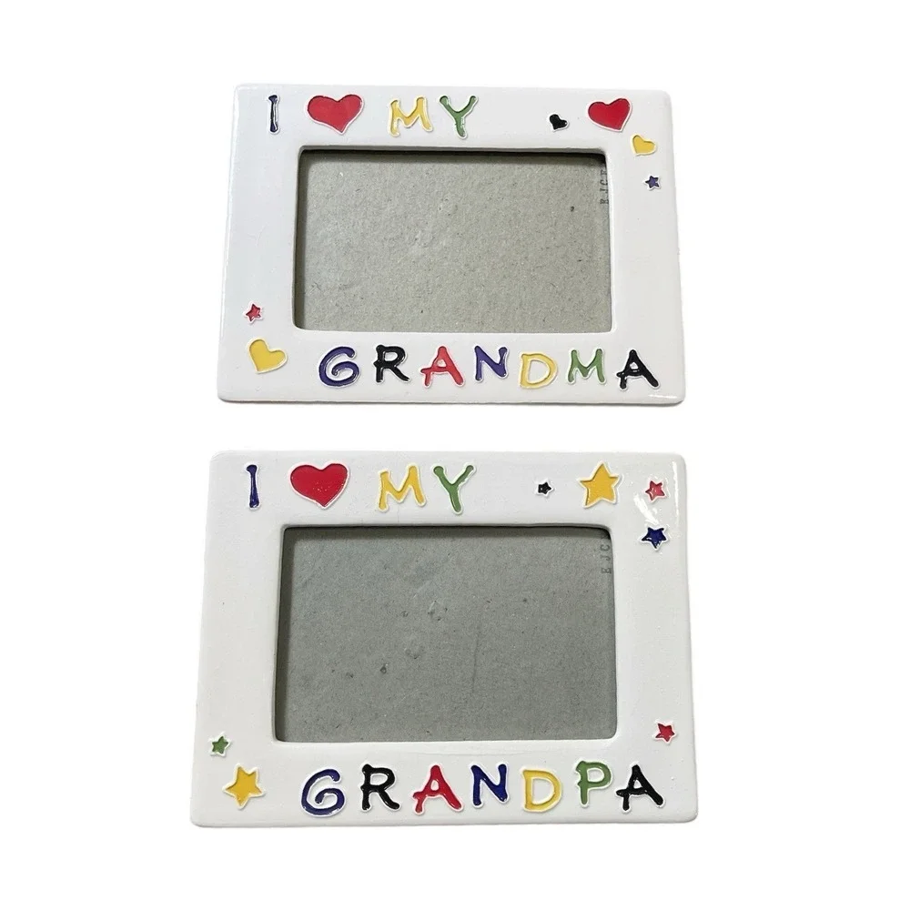 Vtg Set I Love My Grandma Grandpa Colorful Ceramic Crayon Picture Frames Easel